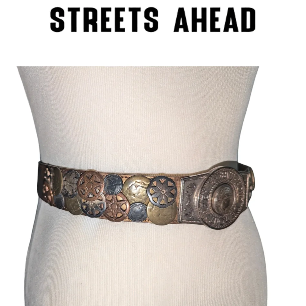 Rare Vintage Streets Ahead Santa Monica Copper Coin Adjustable Leather Belt